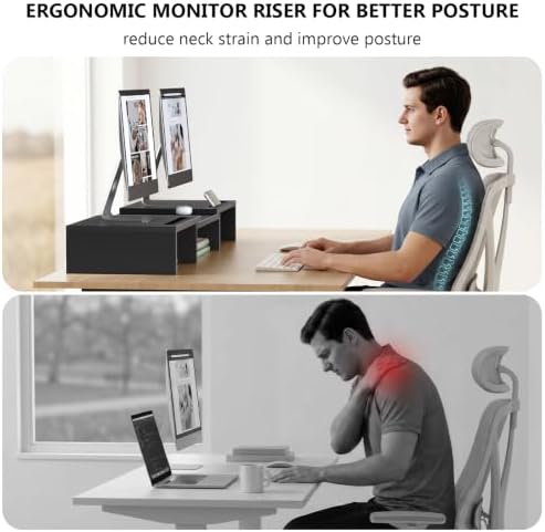 WALI Extra Long Wooden Dual Monitor Stand Riser with 2 Slots, up to 22lbs