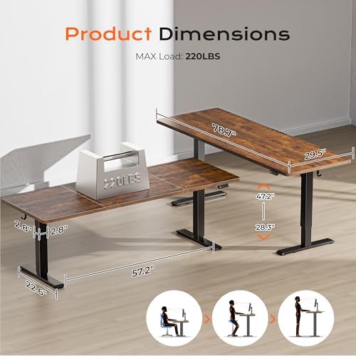 Huuger 78.7'' x 29.5'' Large Electric Standing Desk, Height Adjustable Computer Desk, 29.5" Deep Desktop, Stand up Gaming Office Desk with 2 Hooks, 3 Preset Heights, for Home Office, Rustic Brown