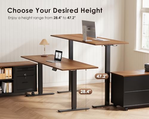 OffiGo 48" L Shaped Electric Standing Desk with Cabinet Sets, Walnut/Black