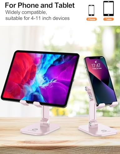OCYCLONE Phone Stand, Adjustable Height and Angle Foldable Cell Phone Stand Holder for Desk, Taller iPhone Stand Compatible with 4.7"-13" Smartphones iPad Tablet, Pink