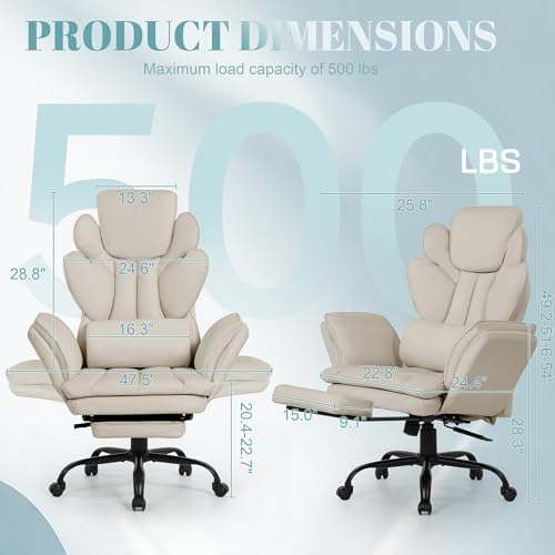 Flip Armrests Criss Cross Office Chair, Reclining Office Chair with Foot Rest, Adjustable Headrest, Massage Waist Pillow, Cross Legged Big and Tall Desk Chair Wide Seat Vanity Chair, Beige PU Leather