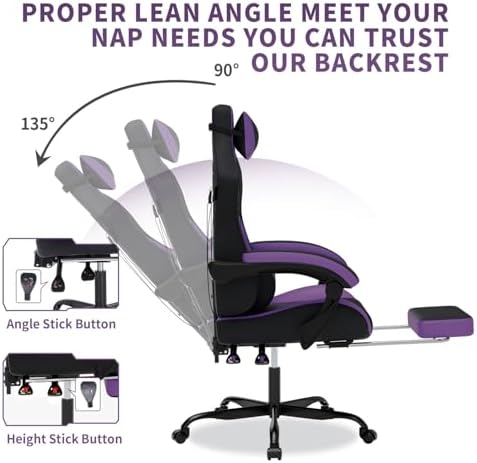 Gaming Chair with Massage,Ergonomic PC Gaming Chair with Footrest Comfortable Headrest and Lumbar Support,High Back Game Chair PVC Leather,300LBS (BlackPurple)