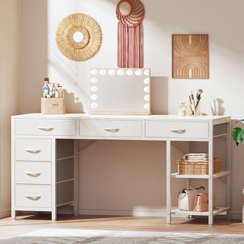 Huuger Computer Desk with 6 Drawers, Office Desk with Shelves, Reversible Gaming Desk, Corner Desk with Storage, Work for Home Office, Study, Living Room, 54inch, White
