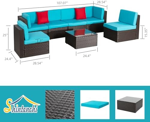 Shintenchi 7 Pieces Patio Furniture Sets Outdoor All-Weather Sectional Patio Sofa Set PE Rattan Manual Weaving Wicker Patio Conversation Set with Glass Table&Ottoman Cushion and Red Pillows, Blue