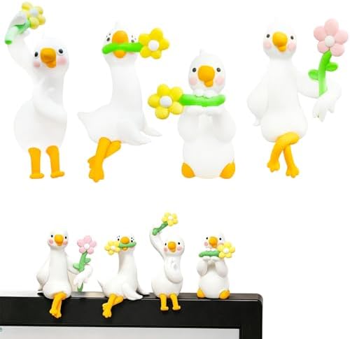 4 PCS Resin Goose Figurine Computer Monitor Decor,Cute Mini Goose Statues for Car Dashboard,Funny Desk/TV/Photo Frame Decorations (Goose with Flowers)