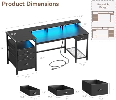 Furologee 60" Black Computer Desk with 4 Drawers and Printer Space, Gaming Desk with LED Lights and USB Power Outlets, Home Office Desk with Fabric File Cabinet,Study Work Table with Shelf for Bedroom