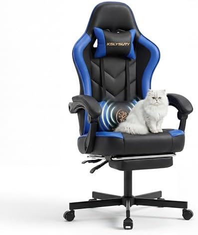 Desk Computer Gaming Chair - High Back Ergonomic Office Chair with Footrest and Lumbar Support, Swivel Comfy Home Gamer Video Game Chairs with Pocket Spring Cushion for Adults (Blue Leather)