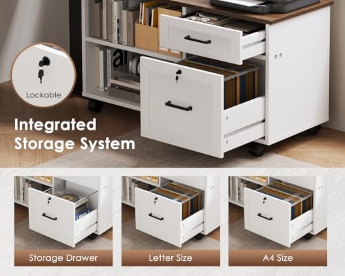 OffiGo 63" L Shaped Electric Standing Desk with Cabinet Sets, Walnut/White