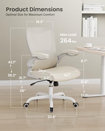 MUXX.STIL Office Chair, PU Leather Ergonomic Desk Chair with Adjustable Lumbar Support and Flip up Armrest, Breathable Mesh Computer Chair for Home Office, Khaki