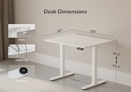 Claiks Electric Height Adjustable Standing Desk, 35x20 Inch, White
