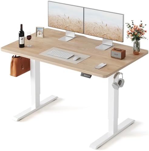 FEZIBO 55 x 24 Inchs Electric Standing Desk, Height Adjustable, Sit Stand Up, Computer Office Desk with Splice Board, White Frame/Maple Top