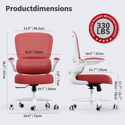 TRALT Office Chair - Ergonomic Desk Chair with Adjustable Lumbar Support, Mesh Computer Chair, Executive Chair for Home Office Comfortable Lumbar Support (1, White Red)