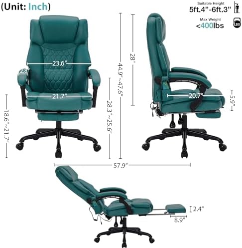Massage Office Chair with Foot Rest 6 Points Vibration and Heat Home Office Desk Chairs for Heavy People 400lbs Reclining Managerial Chairs Ergonomic Executive Chair (Teal Blue)
