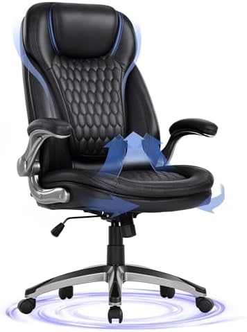 COLAMY Executive Office Chair-Ergonomic Computer Desk Chair, High Back Leather Chair with Padded Flip-up Arms, Swivel Home Office Chair, Black