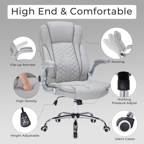 400lbs Executive Office Chair with Flip-Up Armrests, Big and Tall Computer Chair for Heavy People, Heavy Duty Ergonomic Comfy Chair, Breathable PU Leather (Grey)