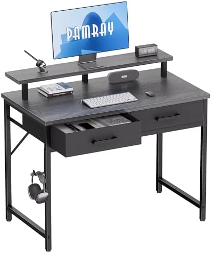 Pamray 32 Inch Small Computer Desk with Monitor Stand and 2 Drawers