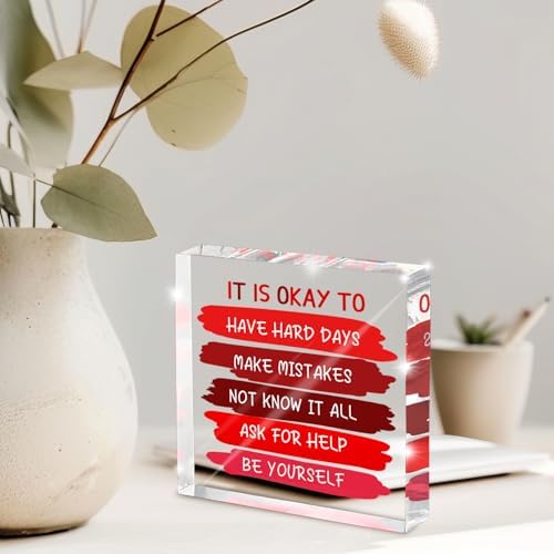 Mental Health Office Decor - Red 4 Inch Acrylic Tabletop Sign, Inspirational Desk Accessories for Workplace Wellness, Motivational Quote for Therapy Office & Home Desk