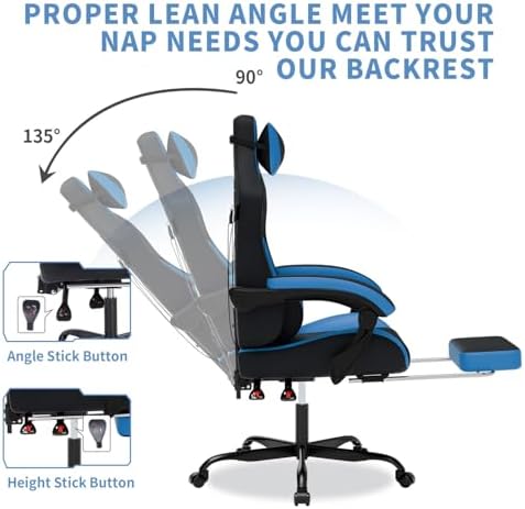 Gaming Chair with Footrest, Gaming Chairs PVC Leather Ergonomic Office Gamer Chair Headrest Lumbar Support Racing Style Video Gaming Chair for Office (Black Blue)