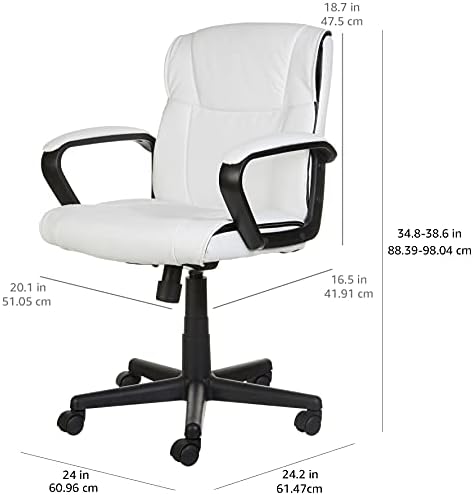 Amazon Basics Office Task Chair with Adjustable Height, 360° Swivel, Padded Armrests, Mid-Back, 275 Pound Capacity, BIFMA Certified, 24.2"D x 24"W x 38.6"H, White Faux Leather