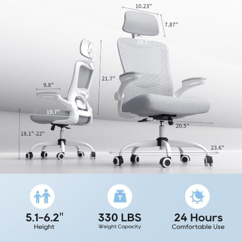 Ergonomic Office Chair for Long Hours, Adjustable Padded Lumbar Support for Lower Back Relief, 330 lb Capacity, Comfortable Computer Desk Chair for Home Office, Work & Study