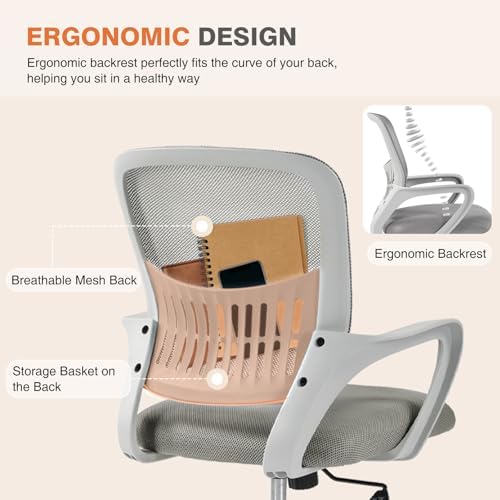 Sweetcrispy Computer Desk Chair, Mesh Office Chair, Lumbar Support, Grey
