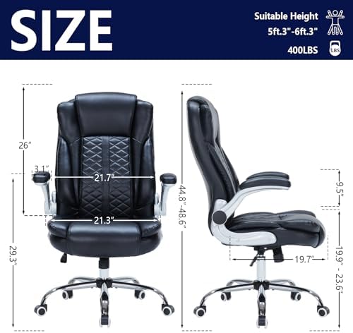 400lbs Executive Office Chair with Flip-Up Armrests, Big and Tall Computer Chair for Heavy People, Heavy Duty Ergonomic Comfy Chair, Breathable PU Leather (Black)