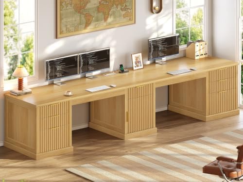 SEDETA Fluted 110.3" Two Person Desk with 7 Drawers for Office, Fluted Oak