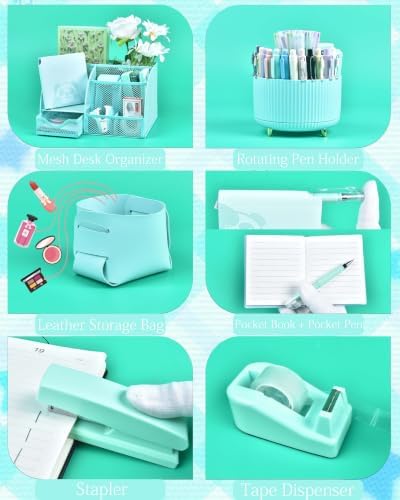 Green Desk Accessories and Organizers with Desk Organizer and 360°Rotating Pen Holder stapler Pen and a Lot of Office Green Office Supplies Beautifully Presented in a Gift Box