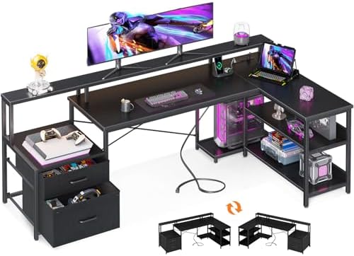 ODK 75" L Shaped Desk with File Drawers, Work from Home Office Desk with Power Outlet, Reversible Computer Desk with Storage Shelves, Gaming Desk with Monitor Shelf, Corner WFM Table, Black