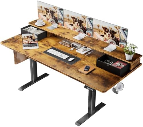 Veken 63x28 in Electric Standing Desk with Drawers, Adjustable Table, Brown
