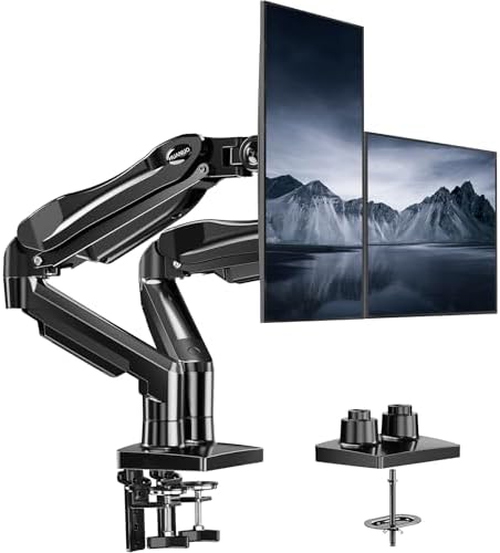HUANUO Dual Monitor Stand, Fully Adjustable Gaming Monitor Desk Mount for 13–27″ Computer Screens, Full Motion VESA 75x75/100x100 with C-Clamp & Grommet Base, Each Arm Holds 4.4 to 19.8 lbs