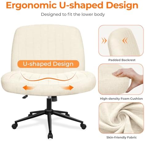 NEO CHAIR Criss Cross Chair with Wheels Armless Cross Legged Office Desk Wide Comfy Vanity Makeup Chair Adjustable Swivel Rolling Computer for Home Office Fabric (Beige)