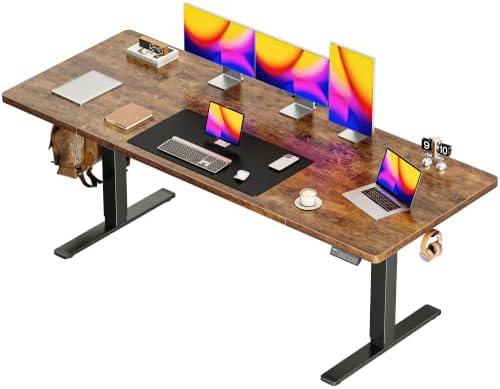 Huuger 71 x 30 Large Electric Standing Desk, Height Adjustable Computer Desk, 29.5" Deep Desktop, Stand up Gaming Office Table with 2 Hooks, 3 Preset Heights, for Home Office, Rustic Brown
