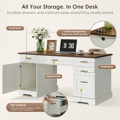 OffiGo Farmhouse 59 Inch Executive Desk with Drawers, Walnut+White