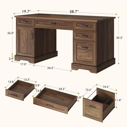 OffiGo Farmhouse 59 Inch Executive Desk with Drawers, Walnut