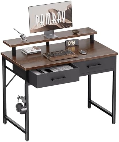 Pamray 32 Inch Small Computer Desk with Monitor Stand and 2 Drawers