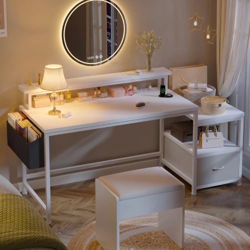EnHomee 56.5" Office Desk with Drawers & Printer Space for Home Work,White