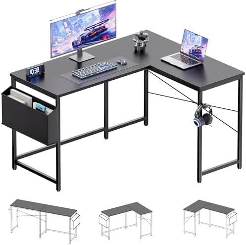 Pamray 47 Inch Reversible L Shaped Gaming Desk Corner Computer Desk with Storage Bag Home Office Table for Writing Study Black