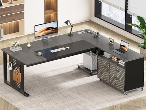 SEDETA 71" Executive Desk with Rolling File Cabinet, Large Office Desk with Drawers, L Shaped Computer Desk with Power Outlets, CPU Stand, Pegboard and Storage Shelves, Gray