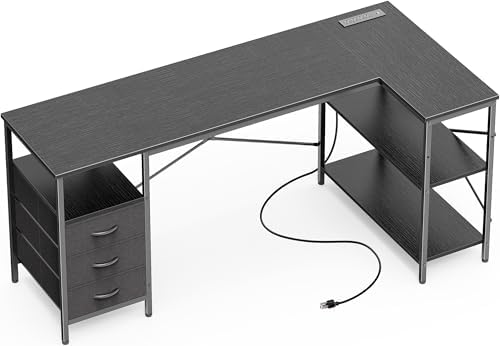 Huuger L Shaped Office Desk with Power Outlets & 3 Drawers