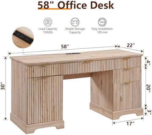 58" Modern Wood Executive Desk with 5 Drawers & 1 Cabinet, Built‑in Outlet