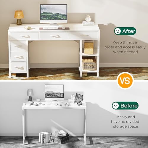 Huuger Computer Desk with 6 Drawers, Office Desk with Shelves, Reversible Gaming Desk, Corner Desk with Storage, Work for Home Office, Study, Living Room, 47inch, White