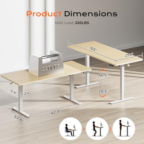 Huuger 63 x 28 Large Electric Standing Desk, Height Adjustable Computer Desk, 27.6" Deep Desktop, Stand up Gaming Office Table with 2 Hooks, 3 Preset Heights, for Home Office, Maple, 7021Q-1