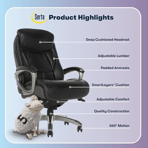 Serta Lautner Executive Home Office Desk Chair, Ergonomic High-Back with Adjustable Lumbar & Body Pillows, SmartLayers and ComfortCoils Technology, Mesh and Bonded Leather, Black/ Gray