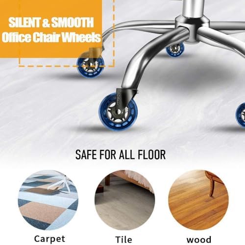 HOSALI Office Chair Wheels, 3 Inch Desk Chair Replacement Rubber Wheel, Safe for Hardwood Floors Gaming Chair Casters Smooth & Silence Gliding, Set of 5, Blue