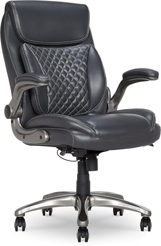 Amazon Basics Ergonomic Executive Office Chair with Adjustable Lumbar Support, Flip-up Arms, Height Adjustable, 360° Rolling Swivel, Computer Desk Chair, Grey Leather