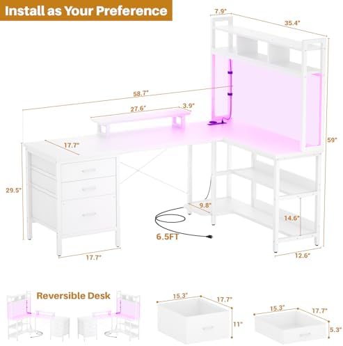 Aheaplus L Shaped Gaming Desk with Hutch, Gaming Desk with Led Lights, Reversible Computer Desk with Power Outlet, Corner Desk with File Drawer & Monitor Stand, Storage Shelves for Home Office, White