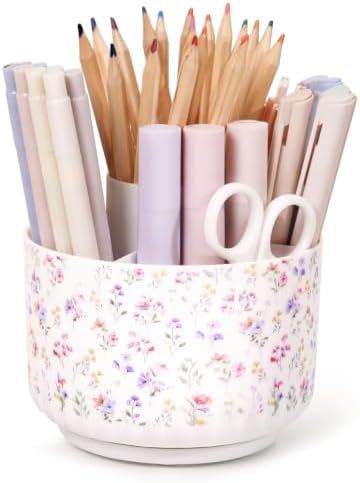 SKYDUE Rotating Pencil Pen Holder for Desk, Pencil Cup with 5 Slots