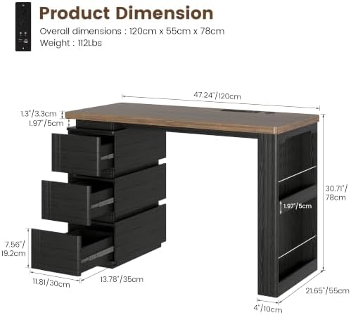 Vlsrka 47.2" Home Office Desk with 3 Drawers, Computer Desk with LED Lights