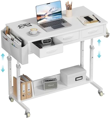 White Portable Rolling Computer Desk - 40 Inch Adjustable Mobile Standing Teacher Desks with 3 Fabric Drawers on Wheels, Couch Sofa Side Laptop Stand Up Table with Storage for Home Office, White
